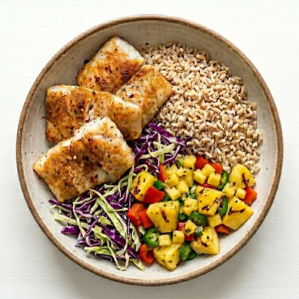 Fish Tacos Bowl With  Brown Rice And Pineapple Salsa